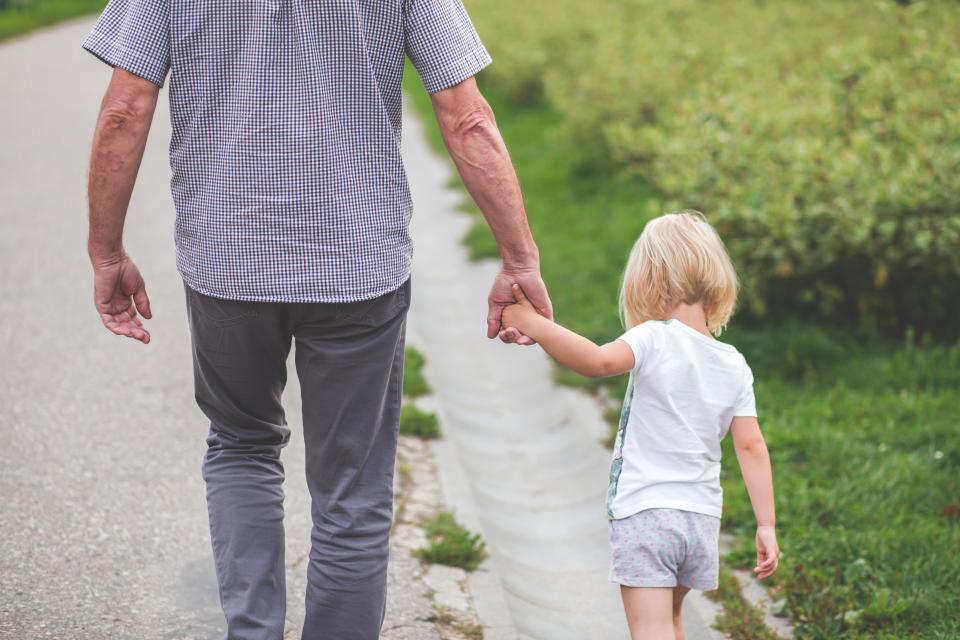 Grandfather walking hand in hand with a small child on a path